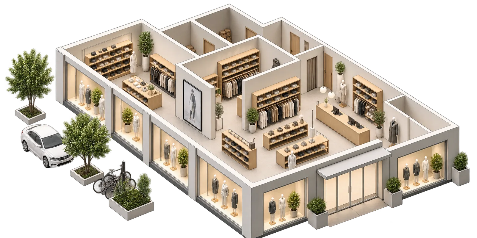 Isometria di un punto vendita con vetrine, ingresso, reparti, schermo e cassa