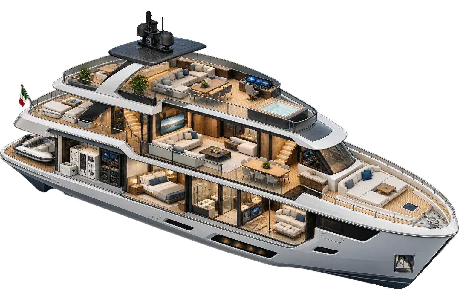 Vista isometrica in sezione di uno yacht con salone, cabine, ponte superiore, plancia e locale tecnico